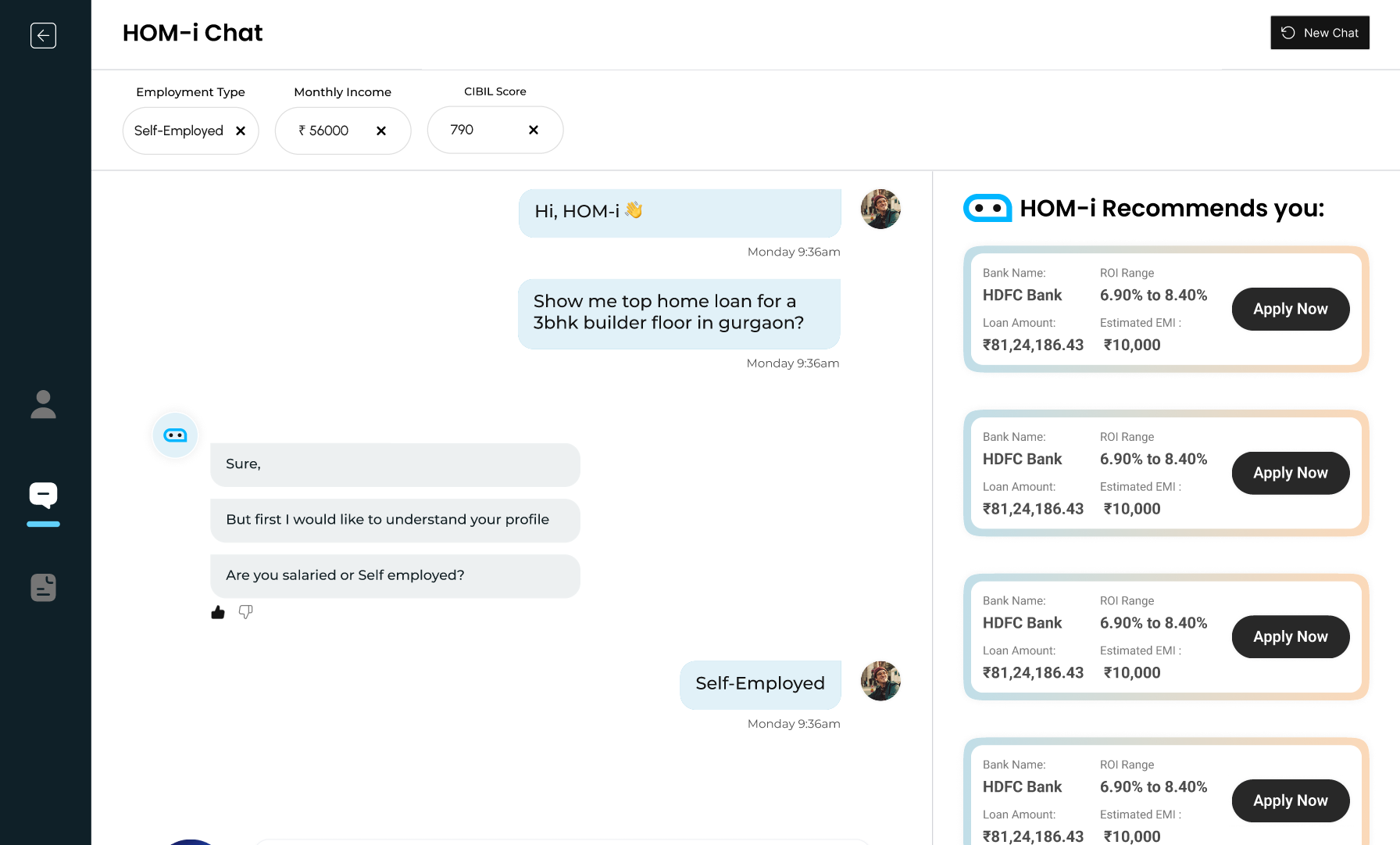 HOM-i Chat interface — AI home loan advisor